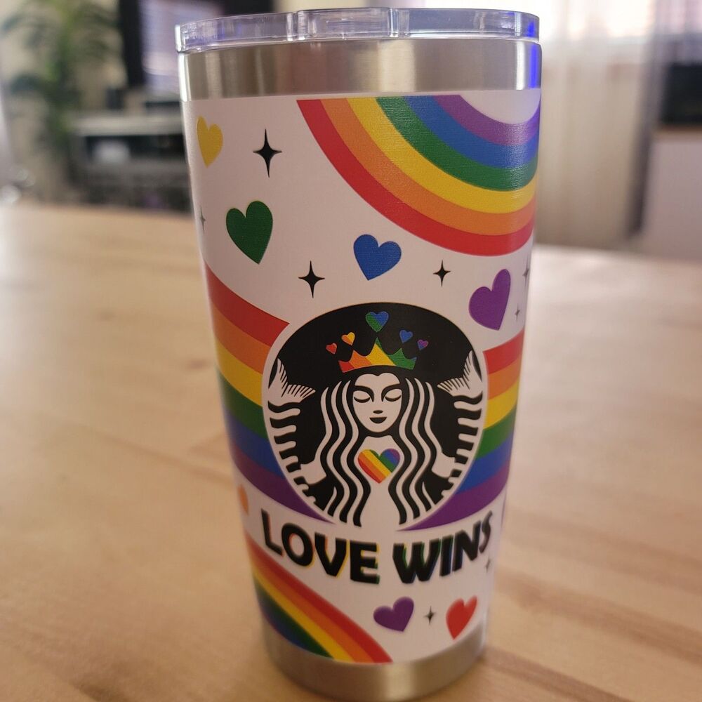 'LOVE WINS'  LGBTQ PRIDE Colorful Rainbow Hearts Vacuum Sealed Tumbler NEW